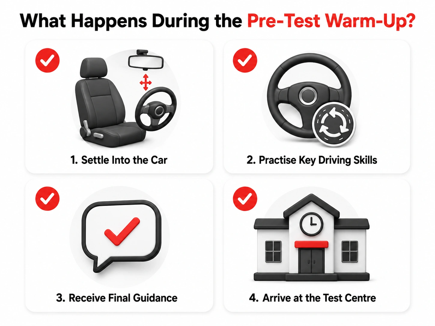 Pre-test warm-up checklist showing four steps before a practical driving test